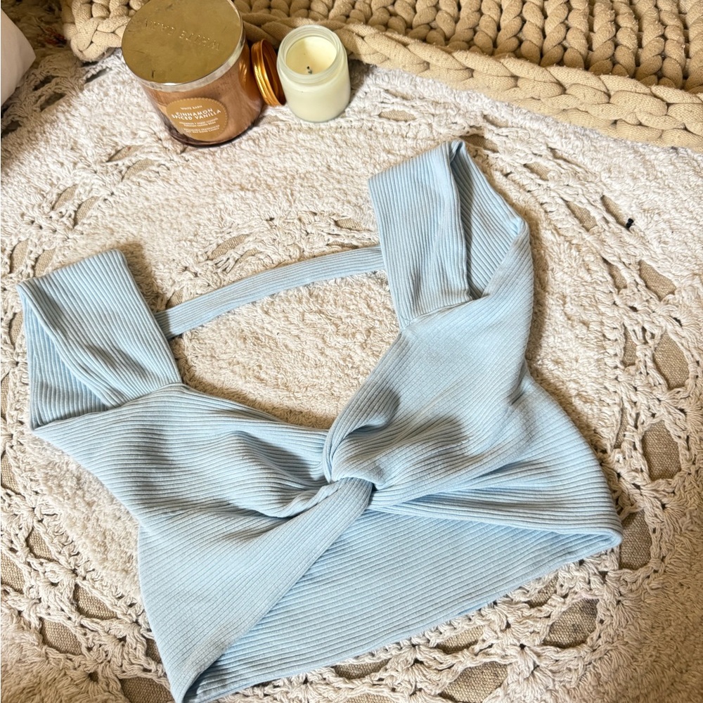 Light Blue Ribbed Knot Front Top